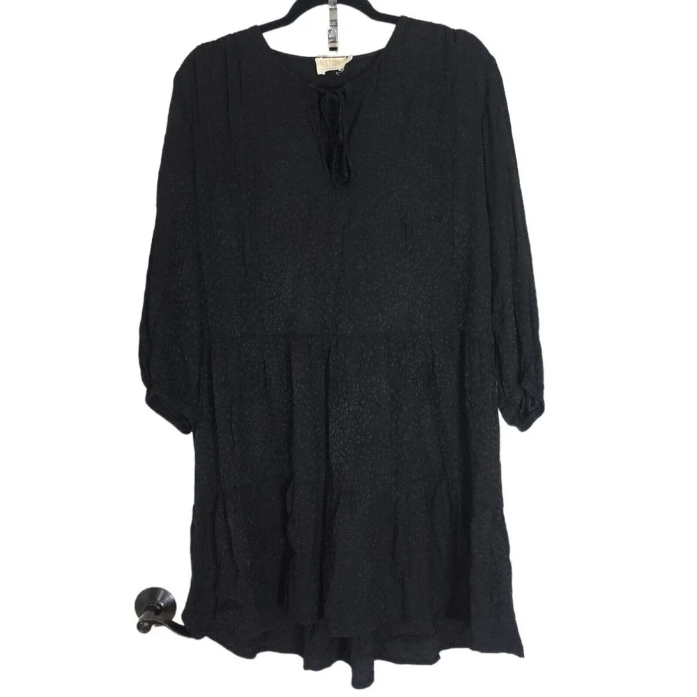 Nation Ltd Womens Dress Liza Black Leopard Animal Trapeze Mini Tiered Ruffle M - Picture 2 of 13